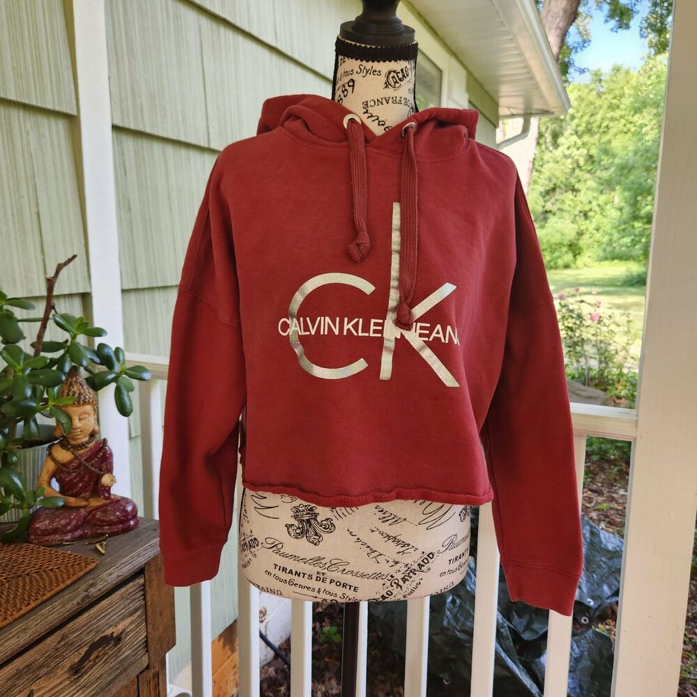 Calvin Klein Jeans Silver Logo on Cropped Red Hoodie